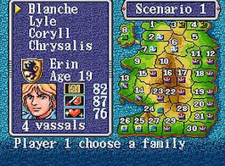 Says Blanche Lyle Corylll Chrysalis Erin Age 19 note 82 and knight and shielf 87 and heart 76. 3 Vassals. Blonde hair knight man photo here. Scenario 1 says numbers on land ranging from 1 to 30 showing on green and sandly coloured land plus light blue around around here and says Player 1 Choose a family .png