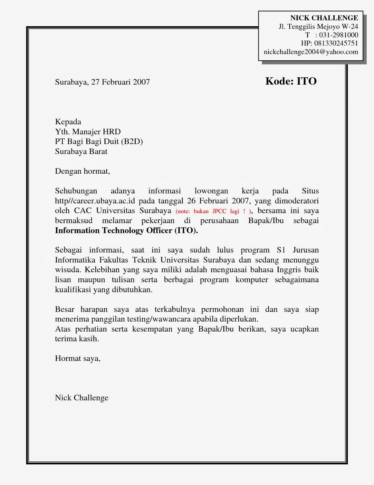 Contoh job application letter english