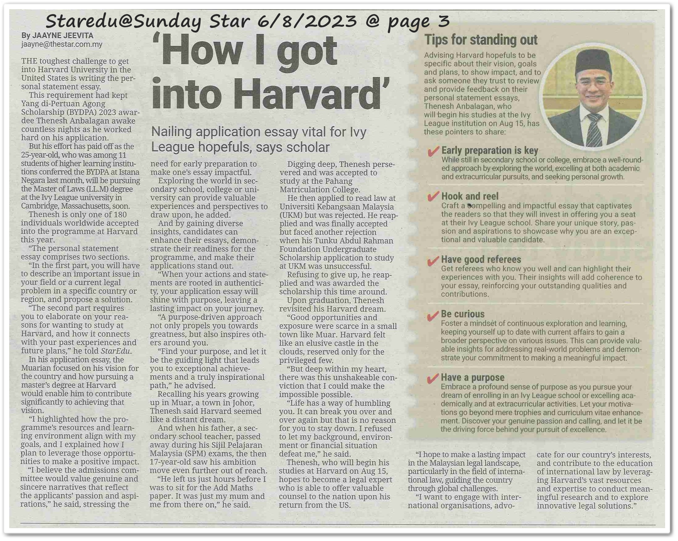 How i got into Harvard ; Nailing application essay vital for Ivy League hopefuls, says scholar - Keratan akhbar Sunday Star 6 August 2023