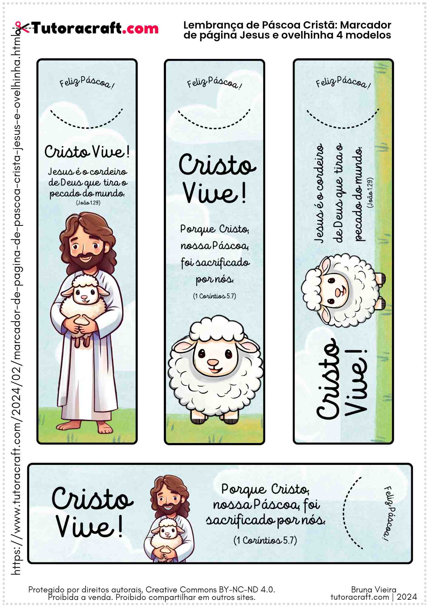 Página com os 4 modelos de marcadores de página de páscoa cristã Jesus e ovelhinha
