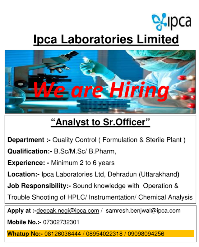 IPCA Labs | Hiring for Multiple Positions in QC | Send CV