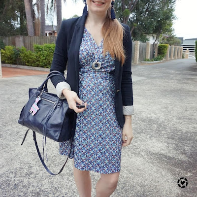 awayfromtheblue Instagram geometric print faux wrap dress jersey blazer rebecca minkoff regan bag