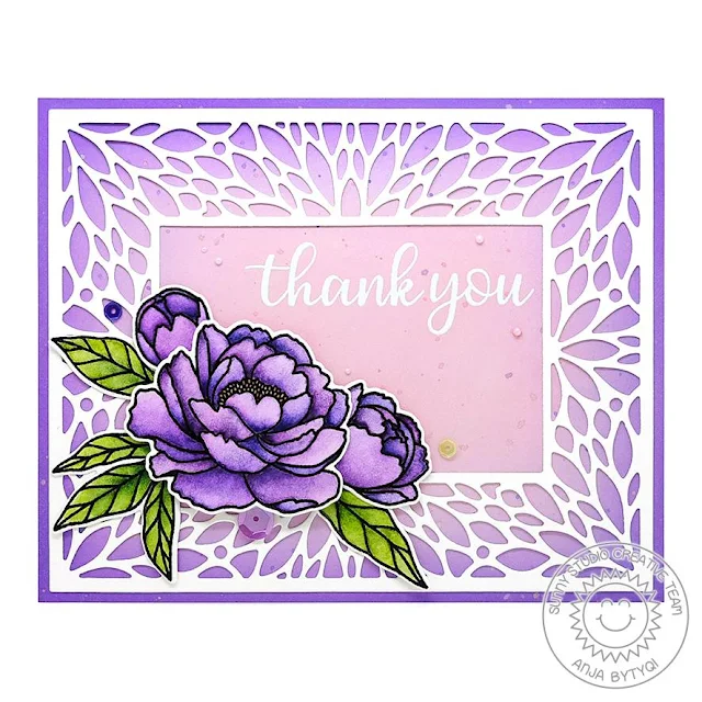 Sunny Studio Stamps: Blooming Frame Dies Pink Peonies Everyday Greetings Thank You Card by Anja Bytyqi