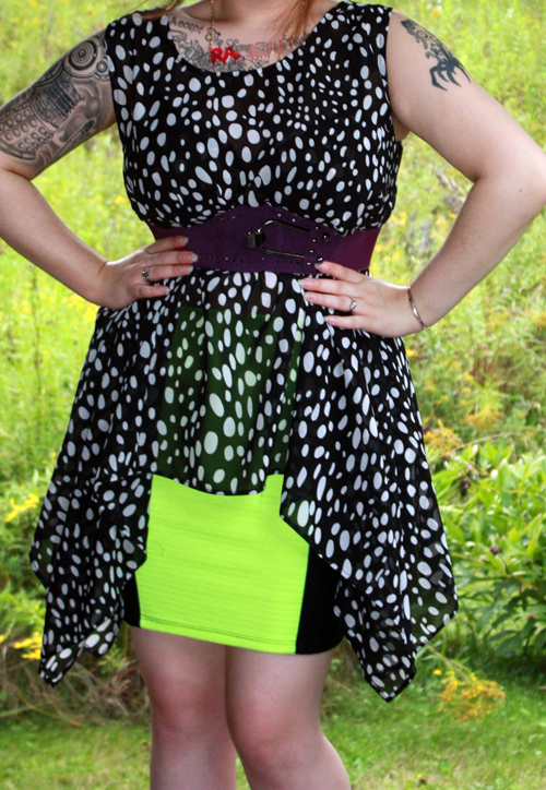 acrylic necklace, bandage skirt, belt, black and white, blouse, boots, domino dollhouse, fab.com, fashion, just fab, necklace, neon colors, neon green, OOTD, outfit of the day, polka dots, purple, radical, shoes, skirt, studded boots, studs, tattoos, top, wedge boots, wedges