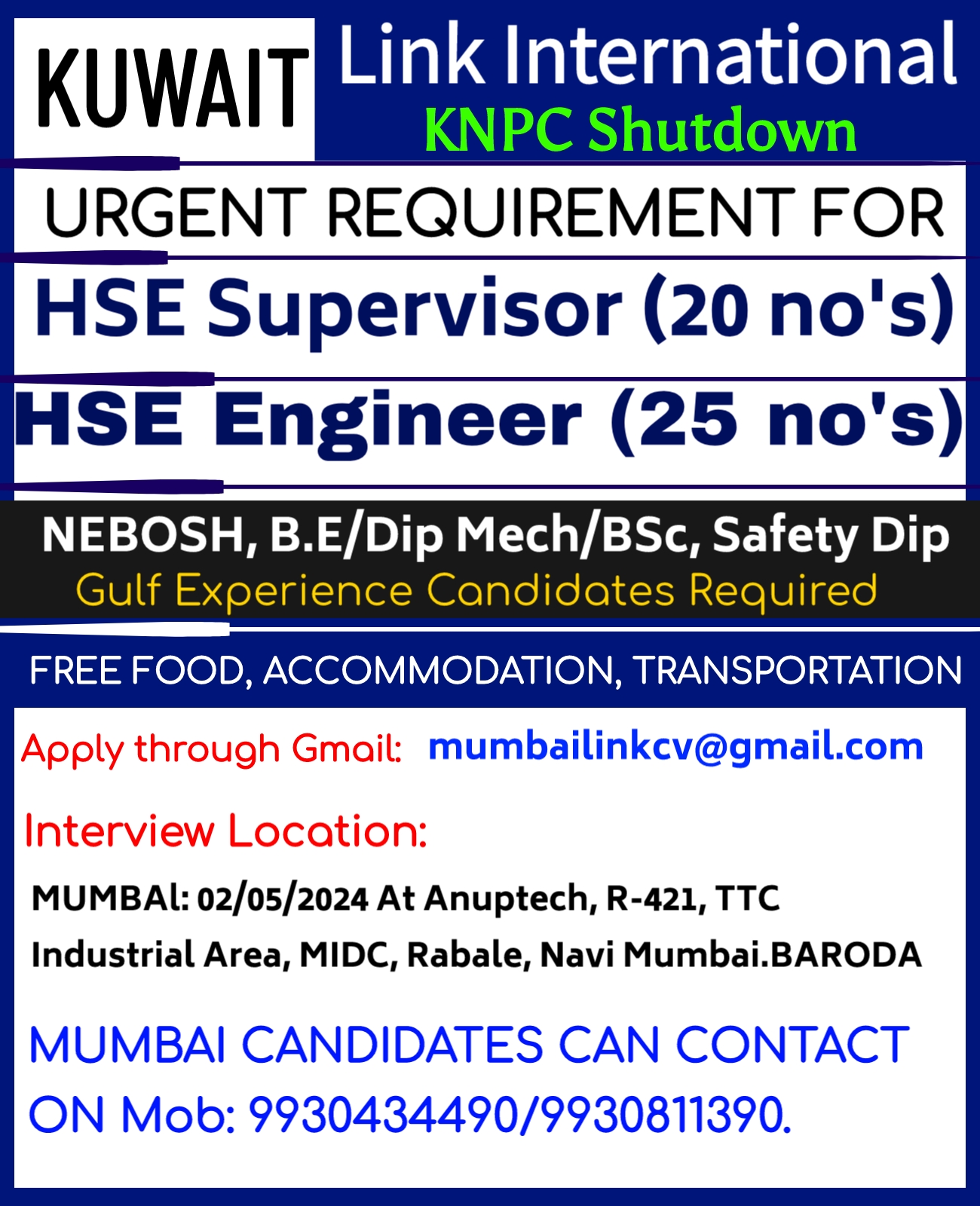 Vacancy in Large numbers for Safety Supervisor (Kuwait).