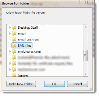 Browse for Folder with "Eml Files" folder selected.