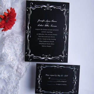 Classic black and white wedding invitations with red flower