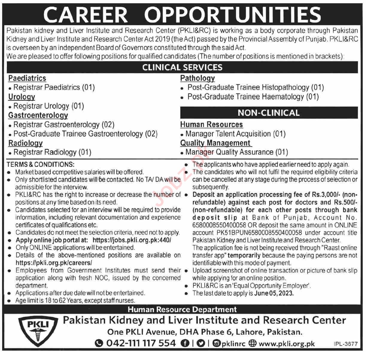 Pakistan Kidney And Liver Institute And Research Centre PKLI Medical jobs in  Lahore