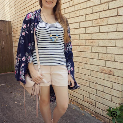 awayfromblue print mixing striped tank floral kimono outfit pastel pink shorts 