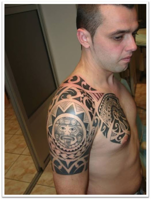 Maori Shoulder and Chest Tattoos Design for College Boys