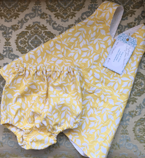 riley blake, primrose, yellow leaf, pinafore, diaper cover, cute, baby girl clothes, handmade, handcrafted, made in Virginia, made in USA