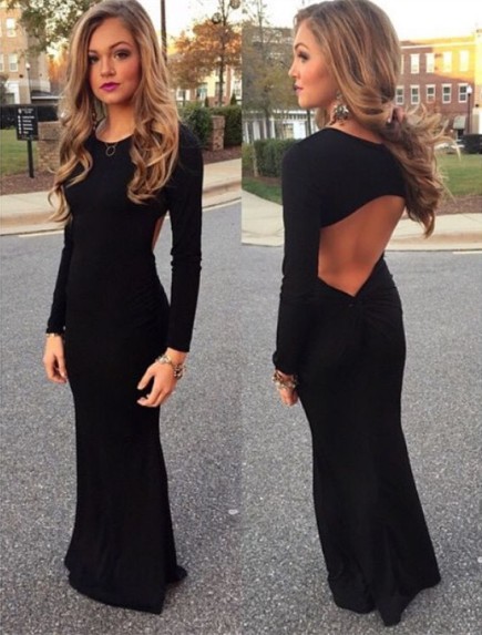 Sexy Black Long Sleeve 2017 Prom Dress Mermaid Jewel Floor-length -Price US$129