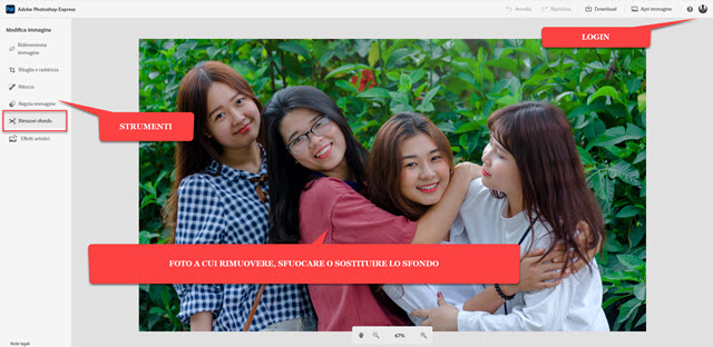 caricamento della foto su cui operare in photoshop express