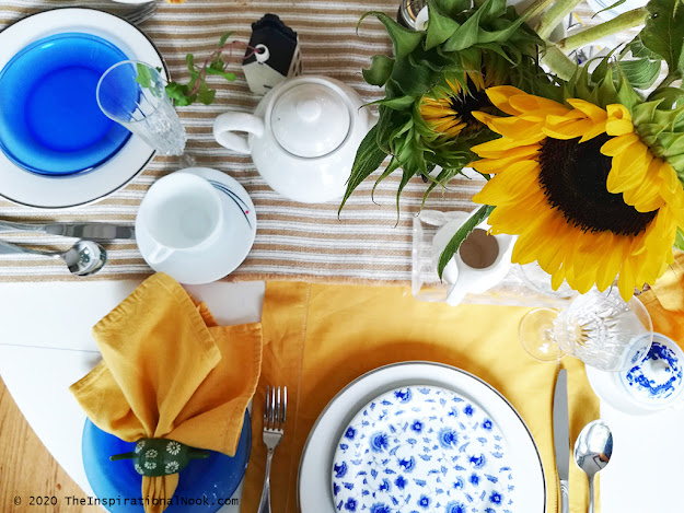 Blue and yellow table setting, breakfast, summer, sunflowers, easy, pretty tablescape