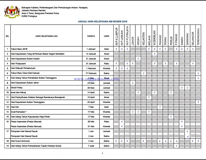 Jadual Cuti Umum 2018 @ Takwim 2018 @ National Public Holiday 2018