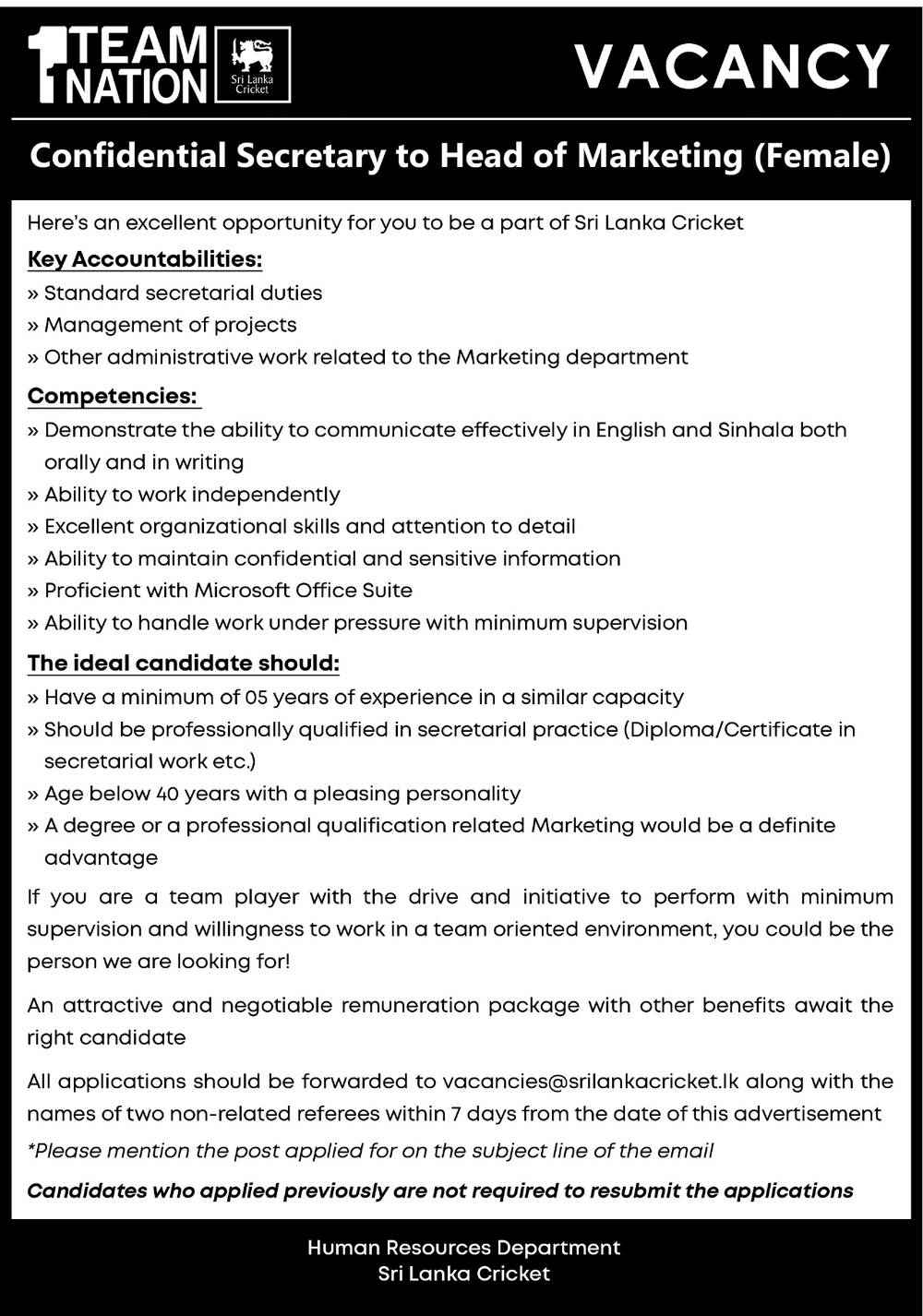 Cricket job Application for Confidential Secretary to Head of Marketing (Female)