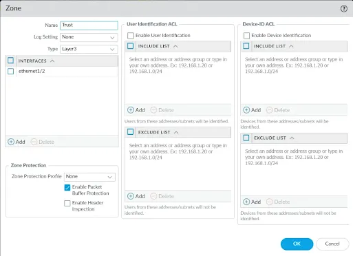 Creating security zones trust and untrust in Palo Alto firewall