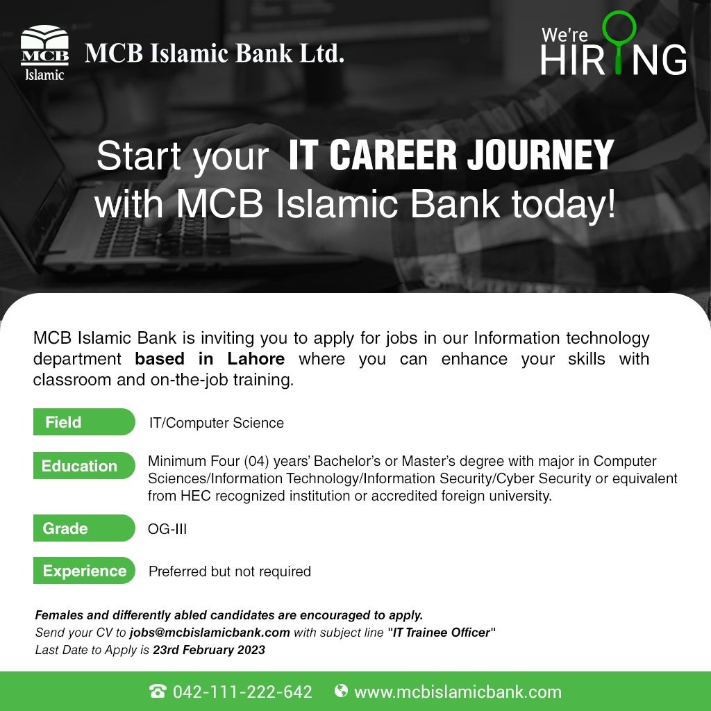 MCB Islamic Bank Ltd Announced Jobs in Information technology team