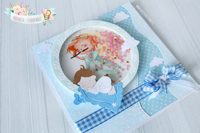 kartka scrapbooking shaker box i love digi handmade rękodzieło dzidziuś chrzest świętu z okazji chrztu narodziny gratulacje dla rodziców grzechotka aniołek chłopczyk dla chłopczyka