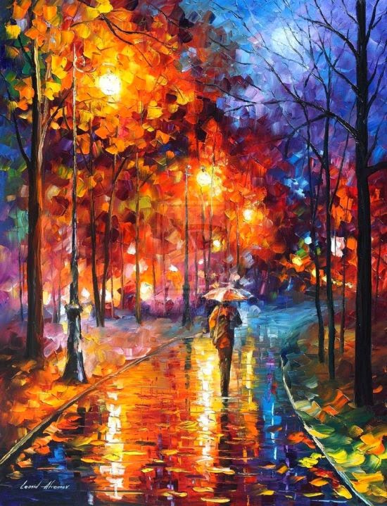 Leonid Afremov pinturas a óleo impressionista chuva outono noite cidade