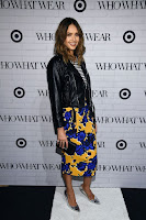 Jessica Alba in a black minimal moto jacket at Who What Wear x Target Launch Party red carpet dress