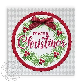 Sunny Studio: Merry Christmas Wreath with Berries Holiday Christmas Card (using Fancy Frames Circle Dies, Subtle Gray Tones 6x6 Paper & Season's Greetings Stamps)