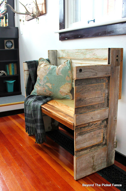 old door bench, woodworking, salvaged, DIY, entryway, bench, Minwax, plaid wool blanket, http://bec4-beyondthepicketfence.blogspot.com/2016/02/a-door-able-bench.html