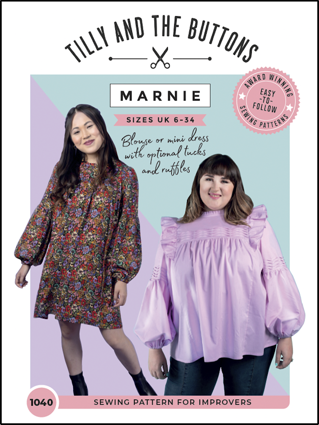 Pattern cover of the Tilly and the Buttons Marnie blouse and mini dress sewing pattern in sizes UK 6-34