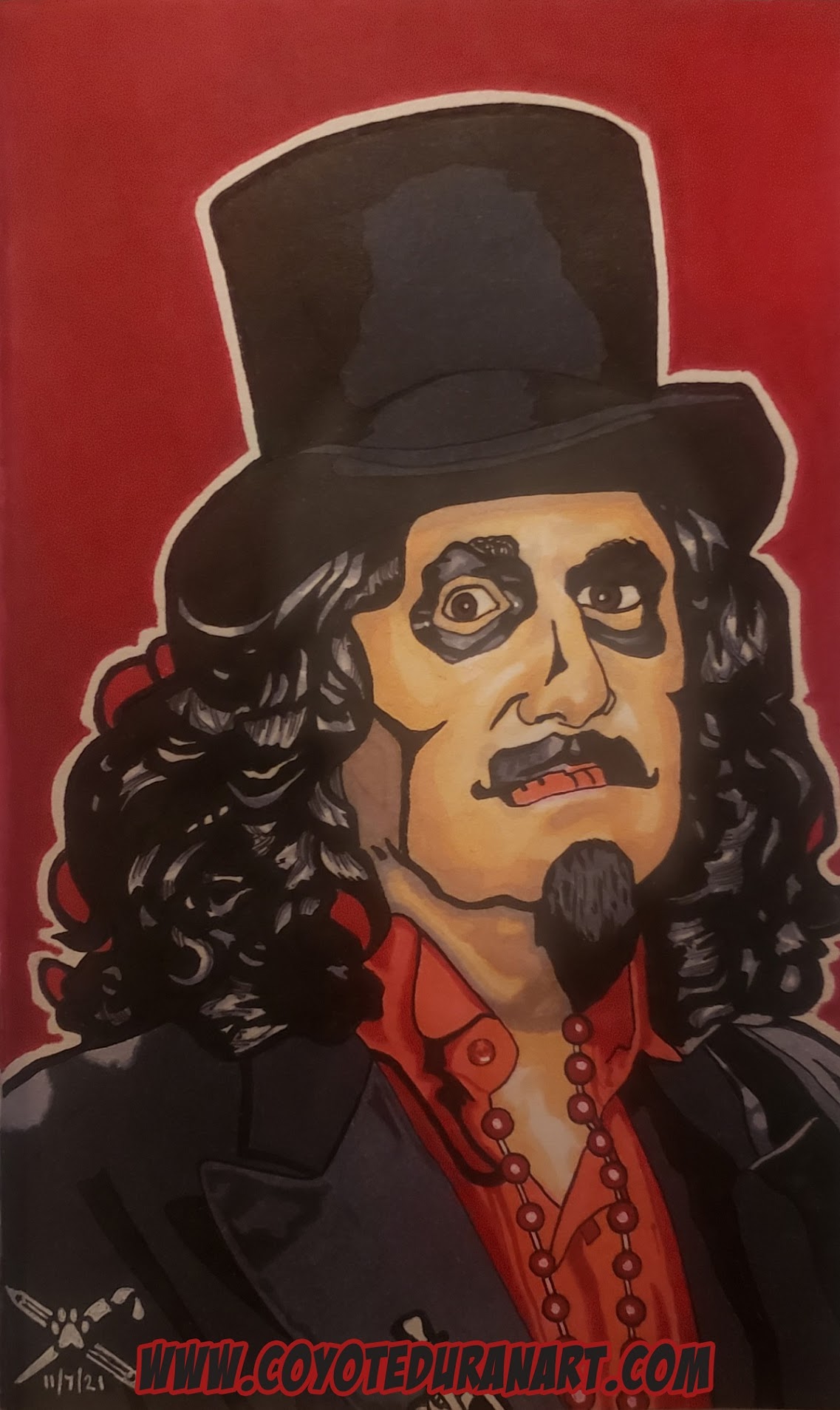 Svengoolie. Micron pen (.05), Pentel Pocket Brush Pen, Sharpie roller pen (.05), Sakura Gelly Roll pen (.05) and Copic markers in a Daler Rowney sketchbook (5.5" X 8.5"). Art by Coyote Duran