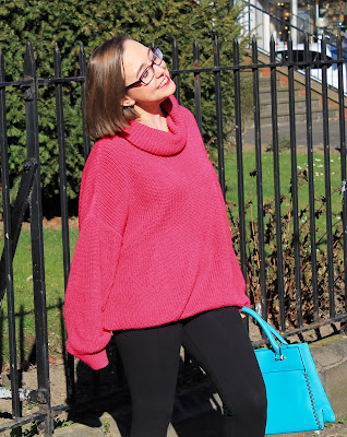 Femme Luxe Fuchsia Knitted Oversized Polo Neck Jumper