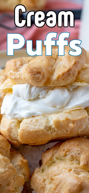 close up of cream puff with title text overlay.