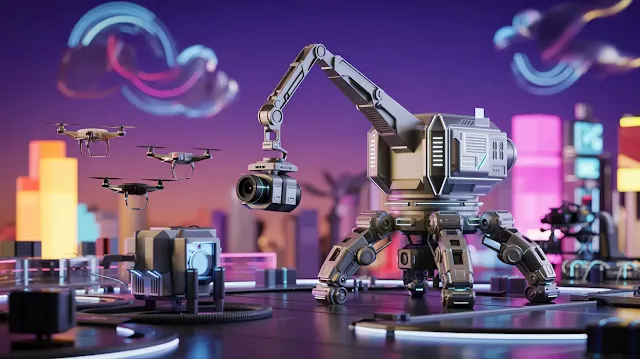 A digital illustration of a futuristic film set with a large robotic camera crane and several drones hovering around it. The robotic camera crane is sleek and silver with a high-resolution camera at its end, while the drones are arrayed in a semi-circle, capturing different angles. The background features a vibrant cityscape with neon lights and a sky filled with clouds of data streams, symbolizing the limitless creative possibilities in modern filmmaking.
