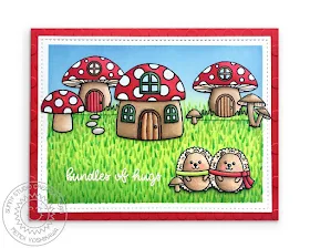 Sunny Studio: Woodsy Autumn Red & White Mushroom Toadstool House &  Hedgehog Card by Mendi Yoshikawa (using Backyard Bugs stamps, Lots of Dots Embossing Folder & Frilly Frames Retro Petals die)
