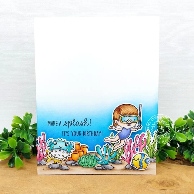 Sunny Studio Kid Snorkling in Ocean Card by Marieke (using Tropical Scenes, Kiddie Pool & Fintastic Friends Stamps)