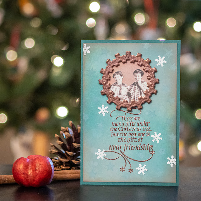 Quietfire Design There Are Many Gifts stamp set / CopperScroll Gilding Powders / Christmas card designed by Kim Gowdy