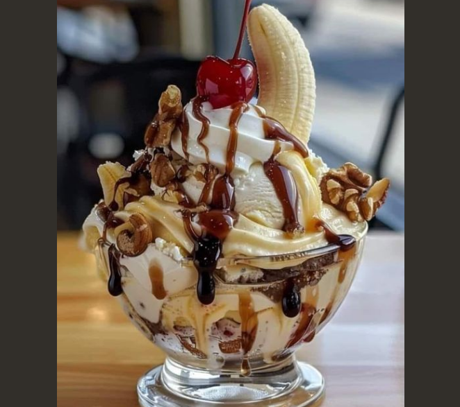 Ice Cream Sundae with Banana Split and Nuts