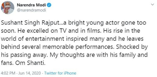 PM Narendra Modi's tweet on mysterious death of sushant Singh Rajput