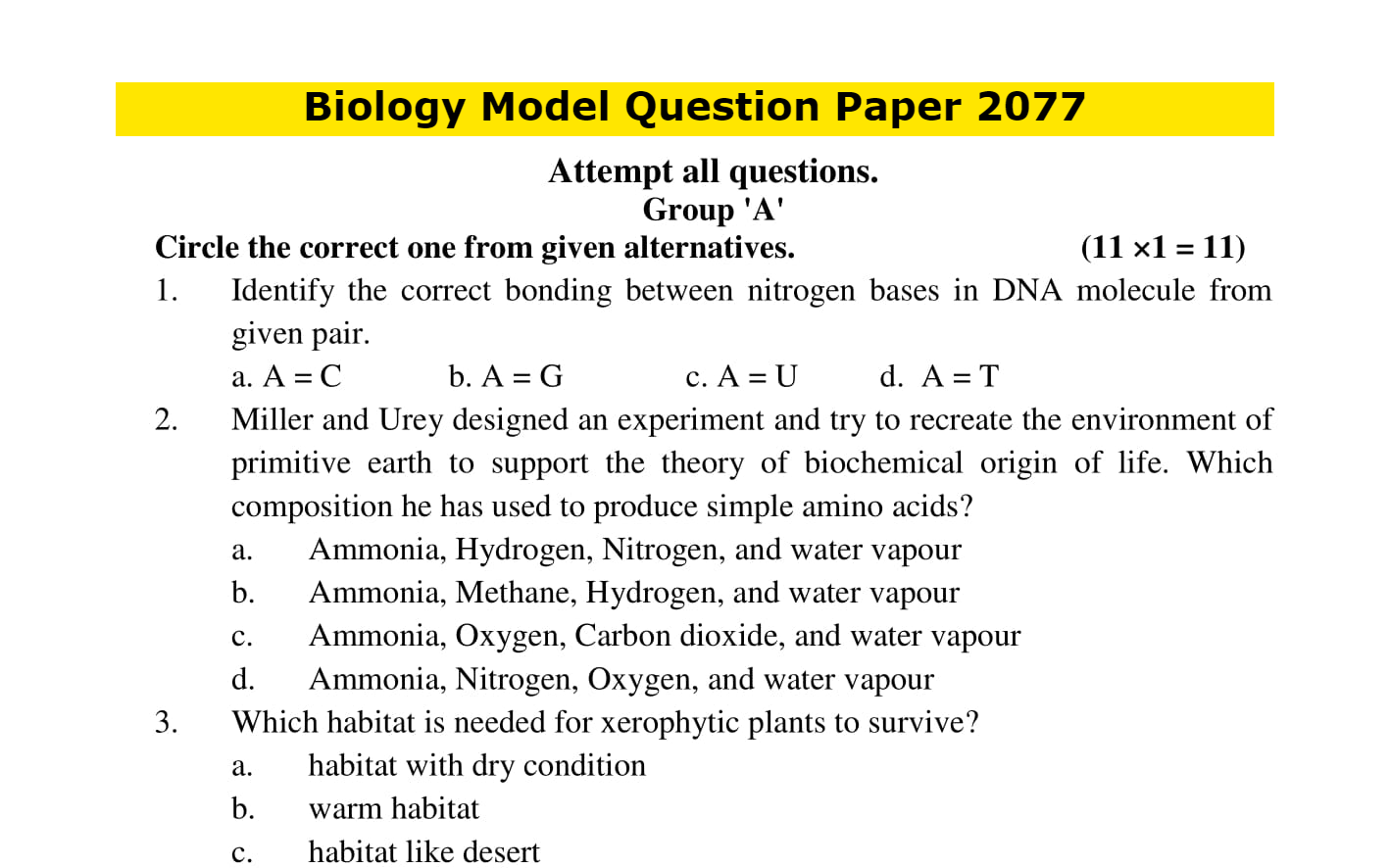 Model question of class 11 biology PDF