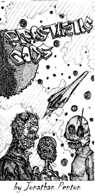 Black and white drawing. A large planet and rocketship are over the heads of three figures. So figure on the right looks alien, and the figure on the left looks like a man with a partial face. There is another figure in the middle that is humanoid. The title of the book starts on the planet and extends on an angle outward across the top of the picture. There are little asteroids dotting the sky.