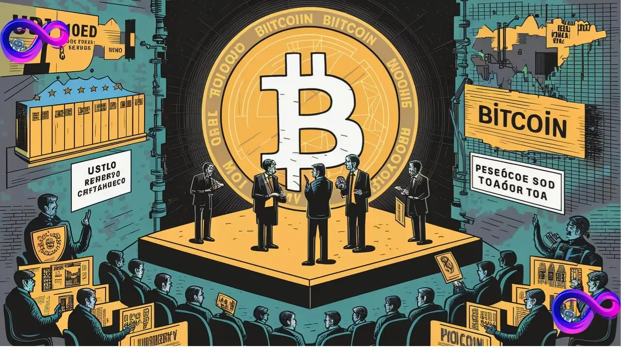 Uma imagem que explora as consequências políticas do debate sobre o Bitcoin.