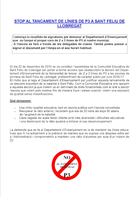 Declaració contra el tancament de línies de P3 a Sant Feliu