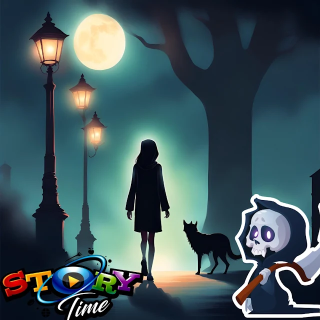 Bianca walking on the dark road with a bad spirit following her. A dog is watching her from the distance"