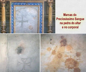 Marcas do Preciosíssimo Sangue na pedra do altar e no corporal. Milagre eucarístico de Bolsena.