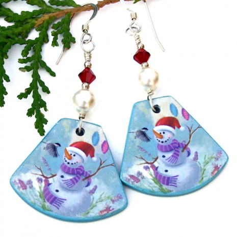 snowman earrings christmas chickadee bird