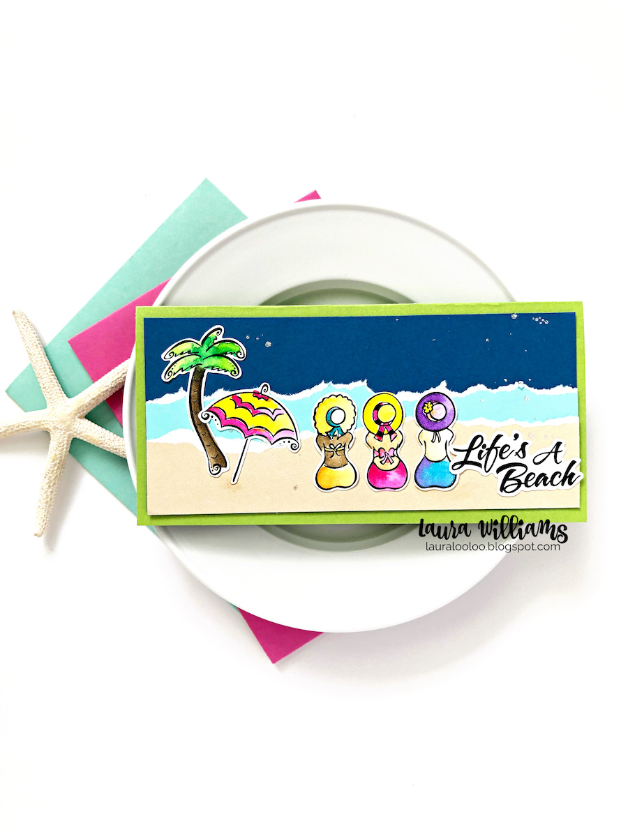 Today's blog post is a day at the beach! No - really! Crafty card making inspiration (in a mini-slimline size) that's straight from the sandy shore, just in time for the latest theme day at Impression Obsession. The latest theme on the Impression Obsession blog is the BEACH! And these cute beach babes, from the Beach Fun clear stamp set, are perfect for a handmade card for your bestie or your sister. Check out all the card making details on my blog today, and then get crafty with some stamping and torn paper for summer fun cards!