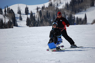 Nicole VonRuden and National Ability Center Ski Instructor Don Armstrong skiing at Park City Mountain Resort