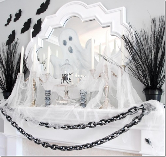 halloween decorating black white mantel ghosts