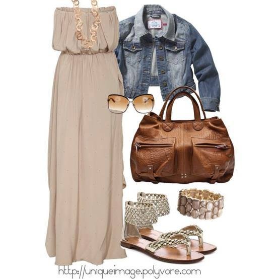 Party gown, jeans jacket, sunglasses, brown bag and sandals for ladies