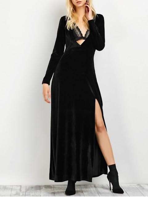 Long Sleeve High Slit Low Cut Maxi Dress - Black L