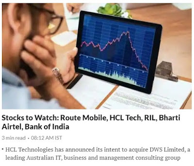Stocks to Watch : Route Mobile, HCL Tech, RIL, Bharti Airtel, Bank of India